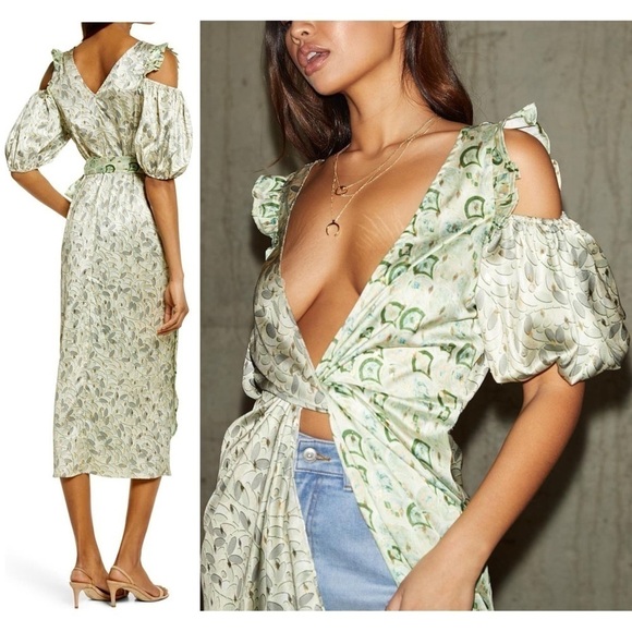 NEVER FULLY DRESSED Satin Puffed Sleeve Cold Shoulder Ruffled Wrap Midi Dress 2 - Picture 2 of 13
